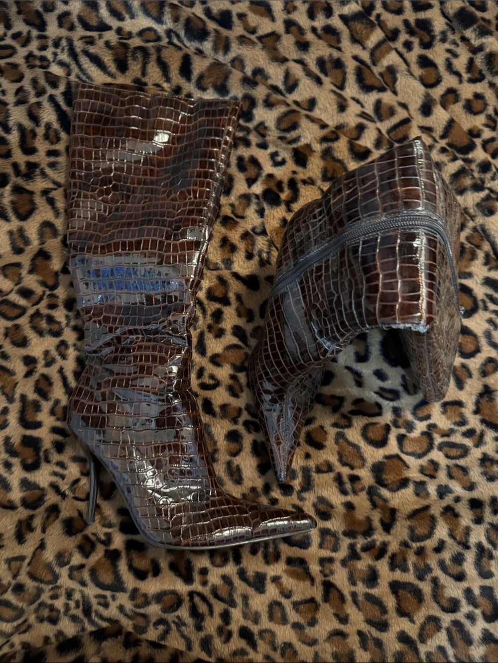 Red Croc-Embossed Pointed-Toe Stiletto Knee Boots